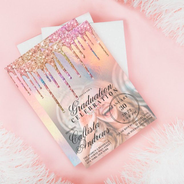 Invitation Rainbow Holographic Glitter Drips Photo Graduation (Créateur téléchargé)
