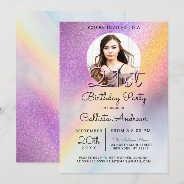 Invitation Rainbow Holographic Parties scintillant Ombre phot (Devant / Derrière)