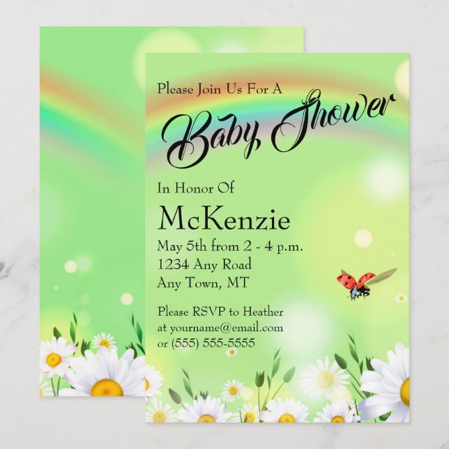 Invitation Rainbow Ladybug Daisies Baby shower Floral (Devant / Derrière)