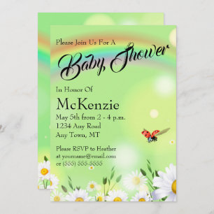 Invitation Rainbow Ladybug Daisies Baby shower Floral