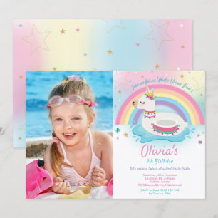 Invitation Rainbow Llama Pool Party Birthday Girl Photo
