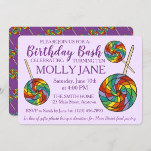 Invitation Rainbow Lollipop Candy Purple Anniversaire Bash Pa