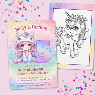 Invitation Rainbow magique chibi fille Unicorn 5e anniversair