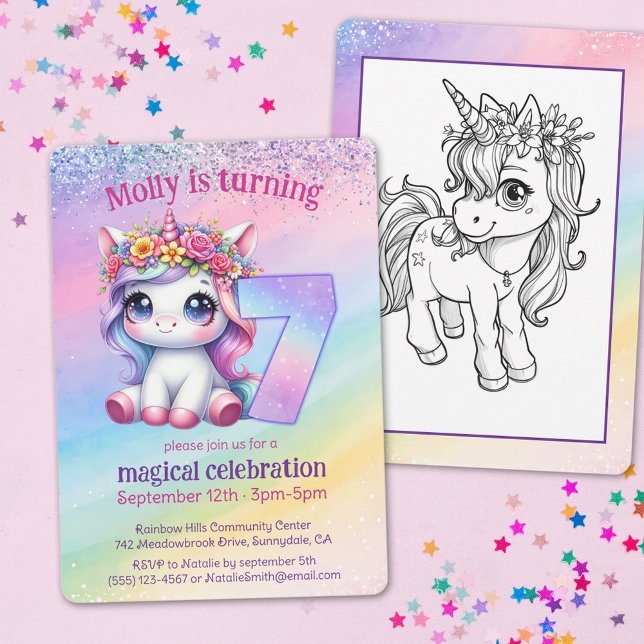 Invitation Rainbow magique Unicorn whimsicle 7e anniversaire (Créateur téléchargé)
