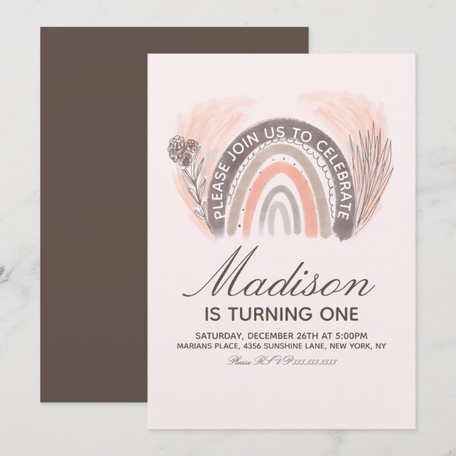 Invitation Rainbow Pampas Doodle Bohème Anniversaire Rustique (Devant / Derrière)