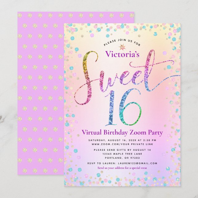 Invitation Rainbow Parties scintillant Ombre Virtual Sweet 16 (Devant / Derrière)