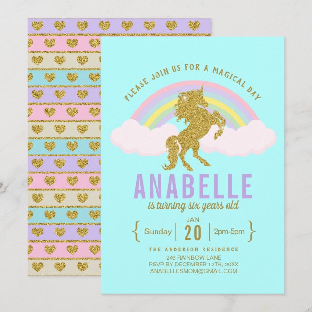Invitation Rainbow Parties scintillant Unicorn Anniversaire F (Devant / Derrière)