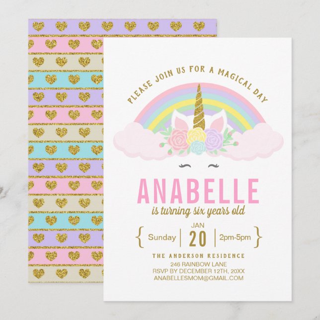 Invitation Rainbow Parties scintillant Unicorn Anniversaire F (Devant / Derrière)