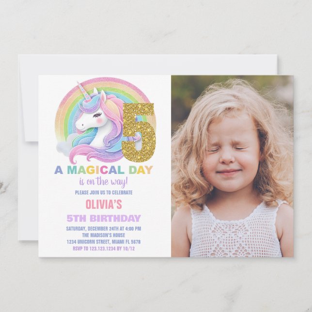 Invitation Rainbow Parties scintillant Unicorn Anniversaire I (Devant)