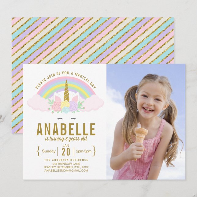 Invitation Rainbow Parties scintillant Unicorn Photo Annivers (Devant / Derrière)