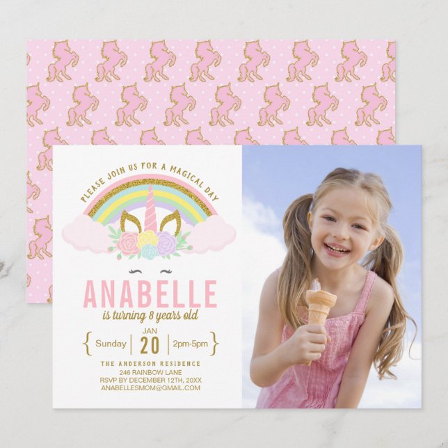 Invitation Rainbow Parties scintillant Unicorn Photo Annivers (Devant / Derrière)