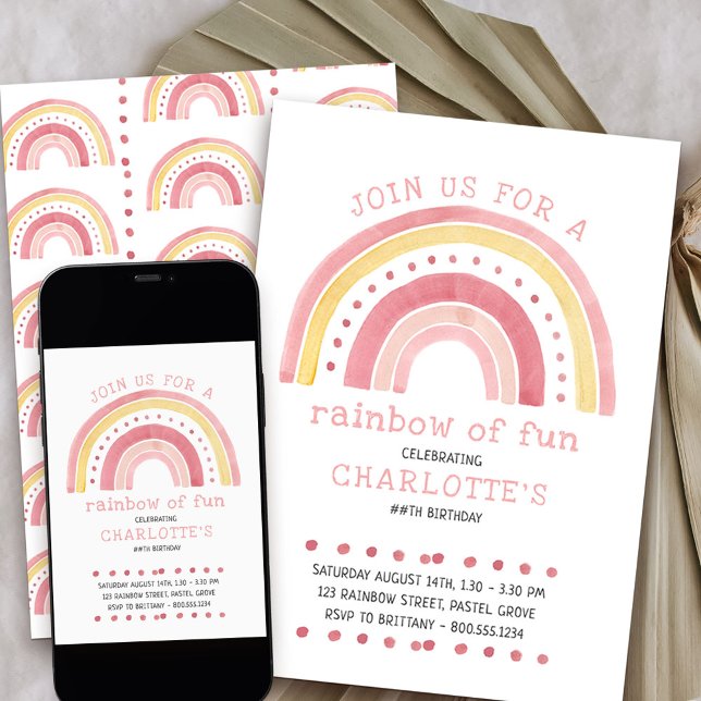 Invitation Rainbow Pastel Doodle Art Girl'Anniversaire (Rainbow of fun girls birthday invitation)