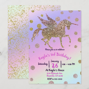 Invitation Rainbow Pastel Gold Dots Unicorn Anniversaire