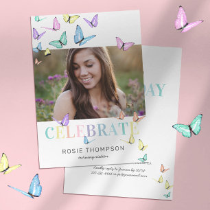 Invitation Rainbow Pastel Papillons Photo Anniversaire