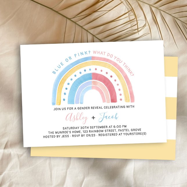 Invitation Rainbow Pastel rose Bleu Jaune Révélation de genre (Gender Reveal invitation with cute rainbow . blue or pink, what do you think?)