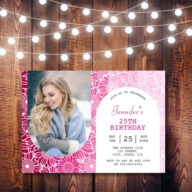 Invitation Rainbow Pink Stripes Floral Arch Photo Anniversair (Créateur téléchargé)