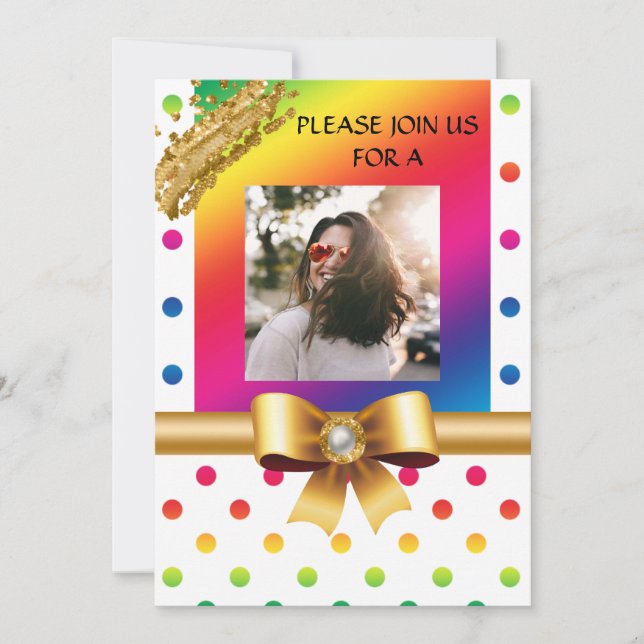 Invitation Rainbow Pois & Gold Nuggets Anniversaire (Devant)