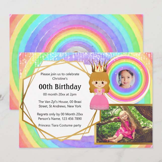 Invitation Rainbow princess tiara 3 photo filles anniversaire (Devant / Derrière)