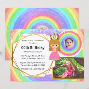 Invitation Rainbow princess tiara 3 photo filles anniversaire