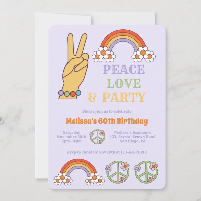 Invitation Rainbow Retro Hippie Peace Love Fête Anniversaire (Devant)