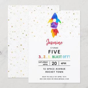Invitation Rainbow Rocket Ship Exterspace Anniversaire