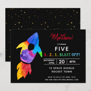 Invitation Rainbow Rocket Ship Exterspace Anniversaire