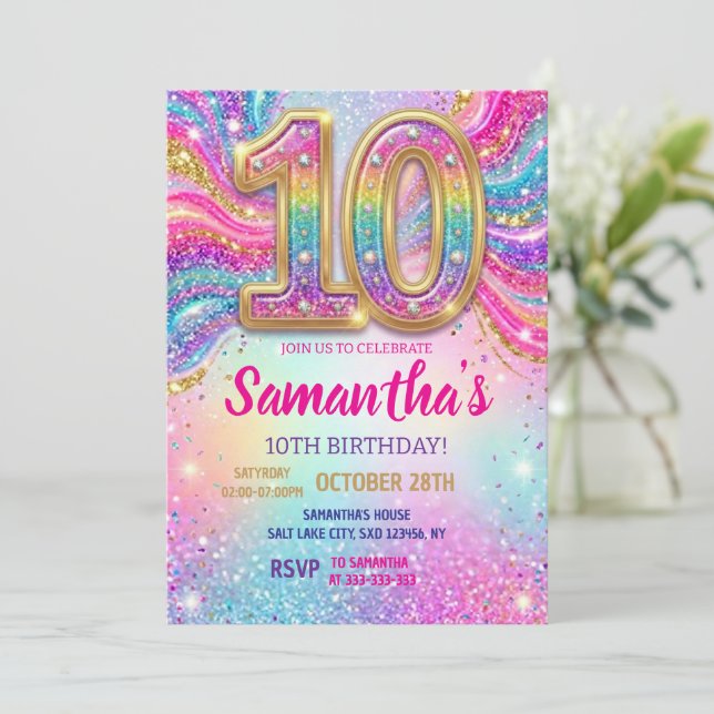 Invitation Rainbow Sparkle Glitter 10th Birthday Party (Debout devant)