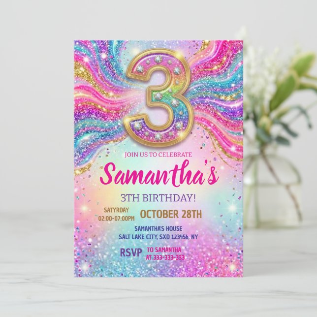 Invitation Rainbow Sparkle Glitter 3th Birthday Party (Debout devant)