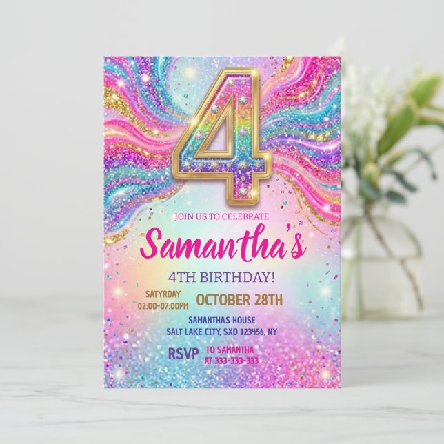 Invitation Rainbow Sparkle Glitter 4th Birthday Party (Debout devant)
