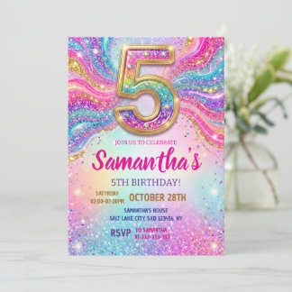 Invitation Rainbow Sparkle Glitter 5th Birthday Party