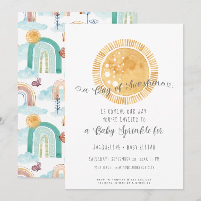 Invitation Rainbow Sunshine Aquarelle moderne Bébé Sprinkine (Devant / Derrière)