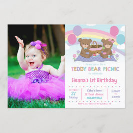 Invitation Rainbow Teddy Bear Picnic 1er Birthday Girl Photo