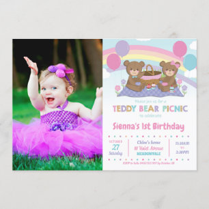 Invitation Rainbow Teddy Bear Picnic 1er Birthday Girl Photo