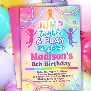 Invitation Rainbow Trampoline Park Girls Jump Anniversaire