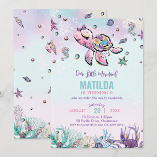 Invitation Rainbow Under the Sea Turtle Coral Birthday Party 