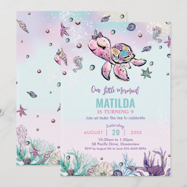 Invitation Rainbow Under the Sea Turtle Coral Birthday Party (Devant / Derrière)