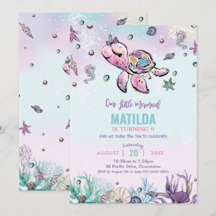 Invitation Rainbow Under the Sea Turtle Coral Birthday Party