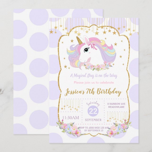 Invitation Rainbow Unicorn 1er Anniversaire Purple Polka Dot (Devant / Derrière)
