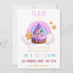 Invitation Rainbow Unicorn 4e anniversaire fête Cupcake