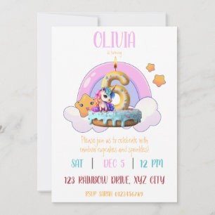 Invitation Rainbow Unicorn 6e fête d'anniversaire Cupcake
