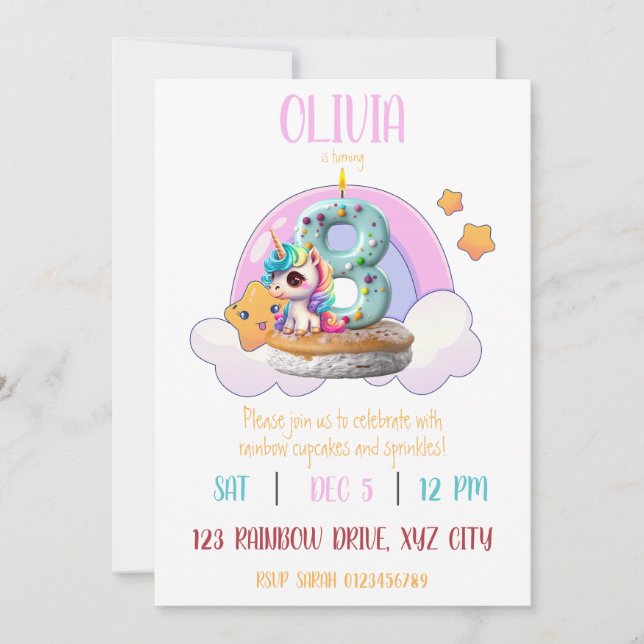 Invitation Rainbow Unicorn 8e anniversaire fête Cupcake (Devant)