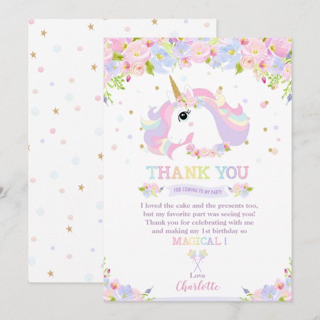 Invitation Rainbow Unicorn Anniversaire Merci joli Floral (Devant / Derrière)