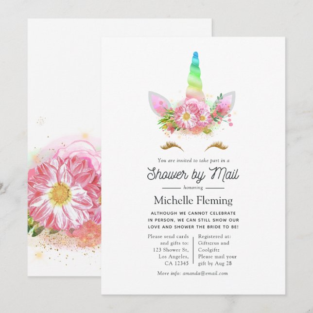 Invitation Rainbow Unicorn Baby shower par courrier (Devant / Derrière)