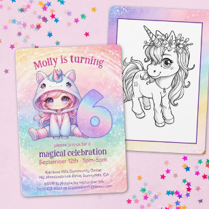 Invitation Rainbow Unicorn chibi girly 6e anniversaire