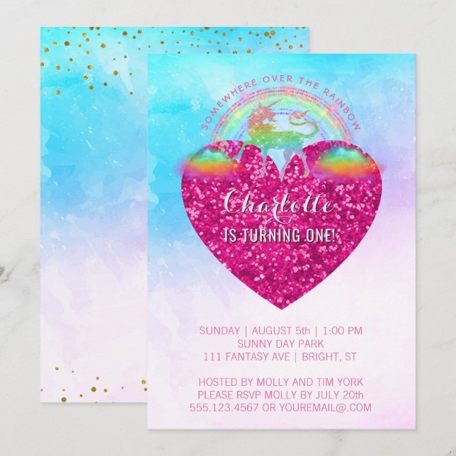 Invitation Rainbow Unicorn Coeur rose 1er anniversaire (Devant / Derrière)
