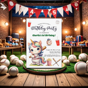 Invitation Rainbow Unicorn jouant au baseball 1er anniversair