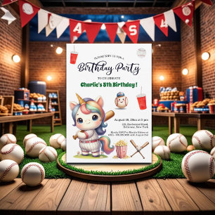 Invitation Rainbow Unicorn jouant au baseball 5e anniversaire