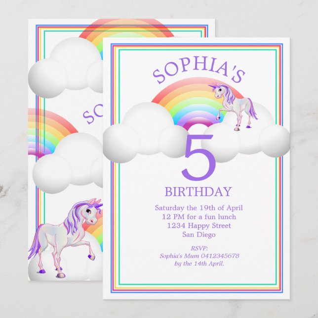 Invitation Rainbow Unicorn Magique mignonne Anniversaire (Devant / Derrière)