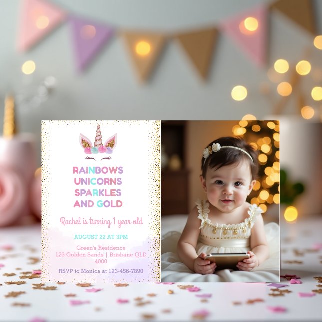 Invitation Rainbow Unicorn Royal Sparkle Photo Anniversaire (Rainbow Unicorn Royal Sparkle Birthday Photo Editable Invitation)