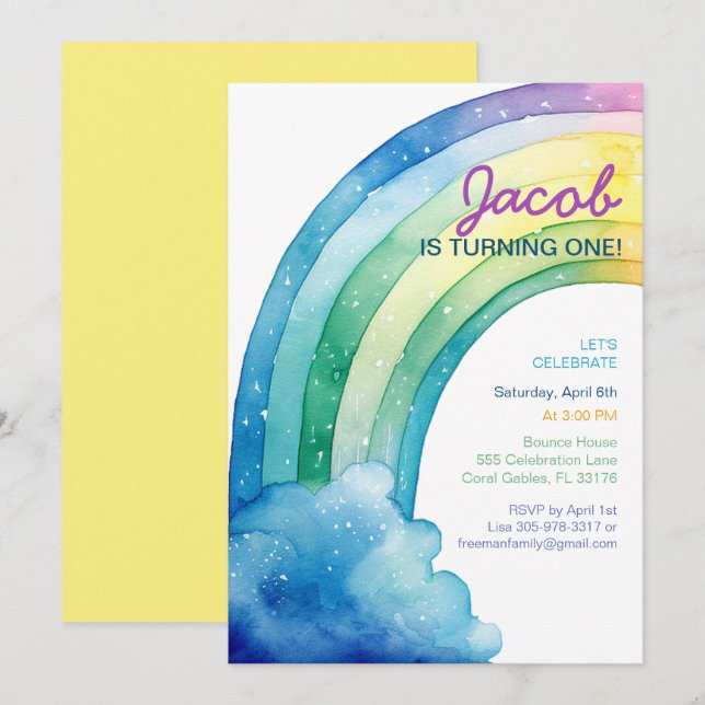 Invitation Rainbow Watercolor Boys fête d'anniversaire (Devant / Derrière)